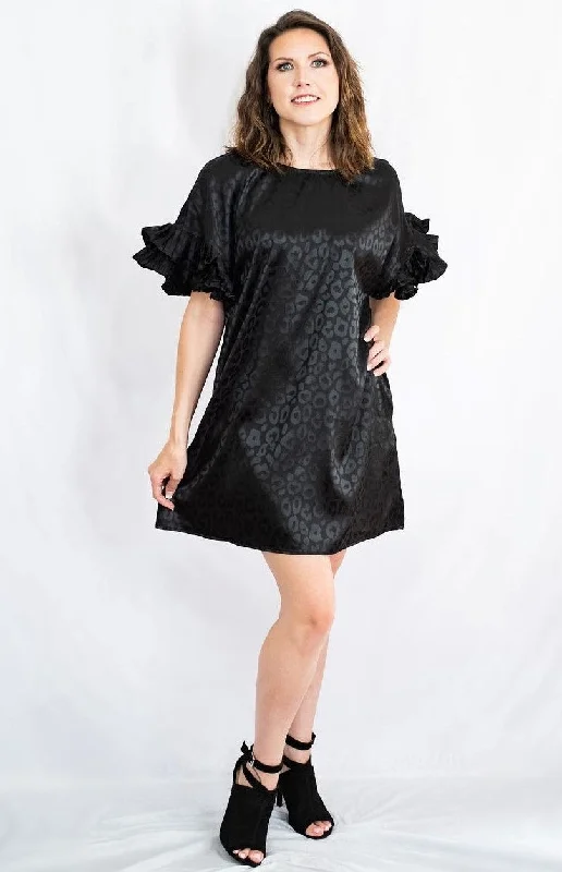 Satin Leopard Print Pleated Ruffle Sleeve Dress by Jodifl Clothing