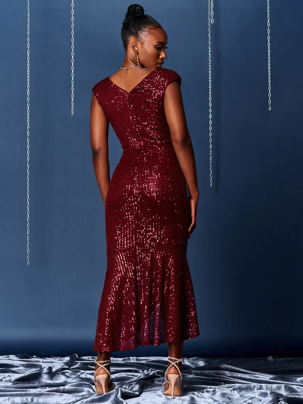 Sequin Wrap Fishtail Maxi Dress, Burgundy