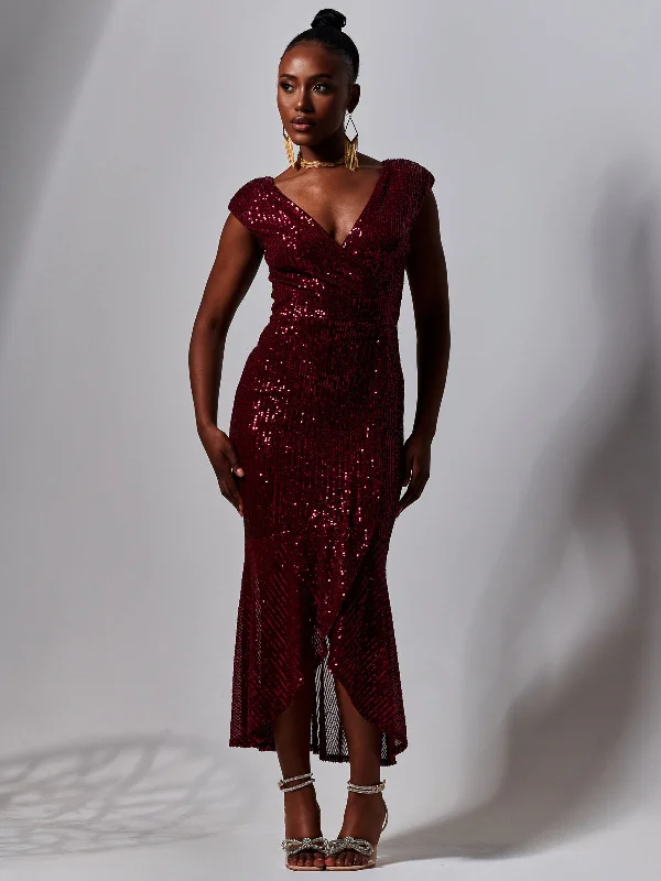 Sequin Wrap Fishtail Maxi Dress, Burgundy