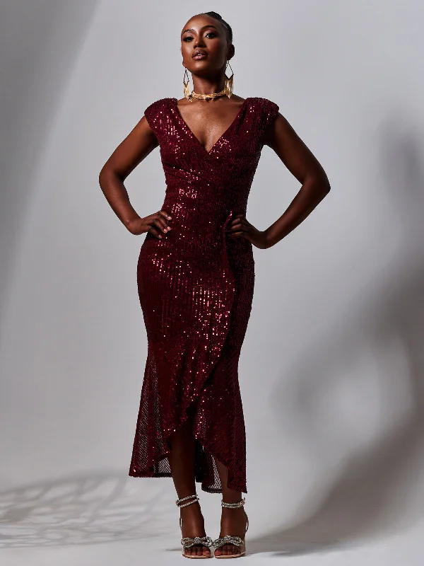 Sequin Wrap Fishtail Maxi Dress, Burgundy