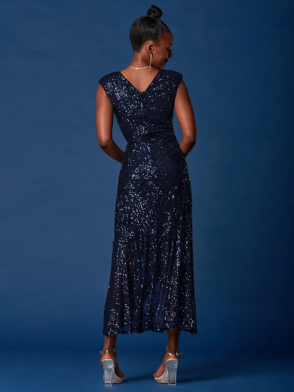 Sequin Wrap Ruffle Hem Maxi Dress, Navy