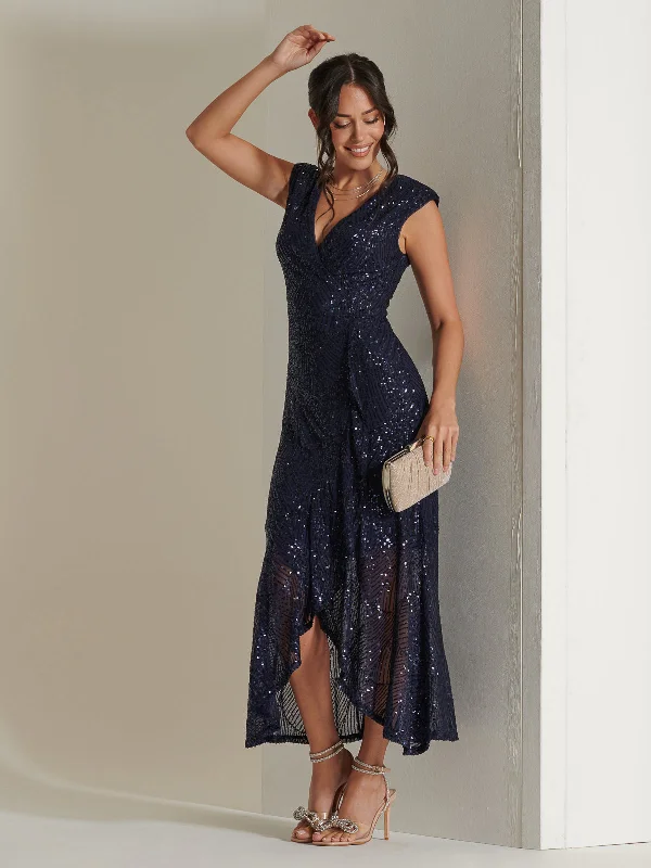 Sequin Wrap Ruffle Hem Maxi Dress, Navy