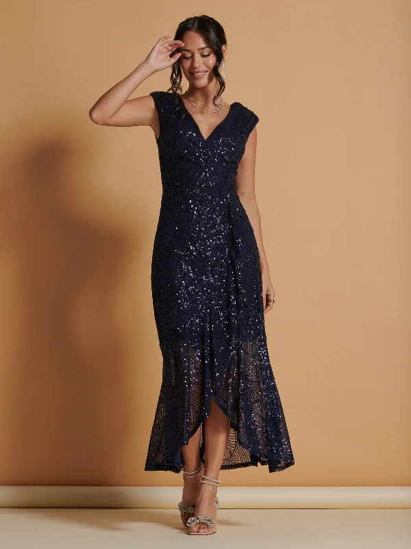 Sequin Wrap Ruffle Hem Maxi Dress, Navy