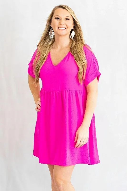 Solid Rolled Sleeve Basic Babydoll Dress by Entro Clothing