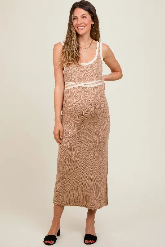 Taupe Ribbed Square Neck Side Slit Maternity Dress