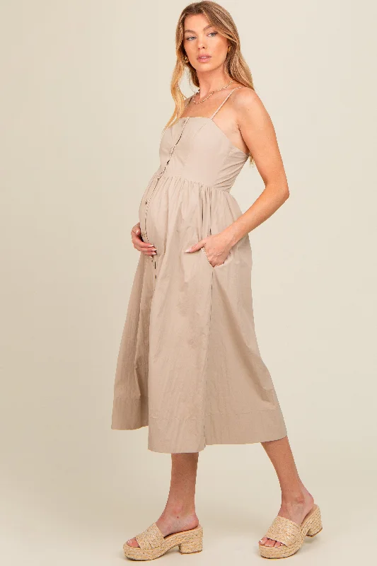 Taupe Sleeveless Button Down Maternity Midi Dress