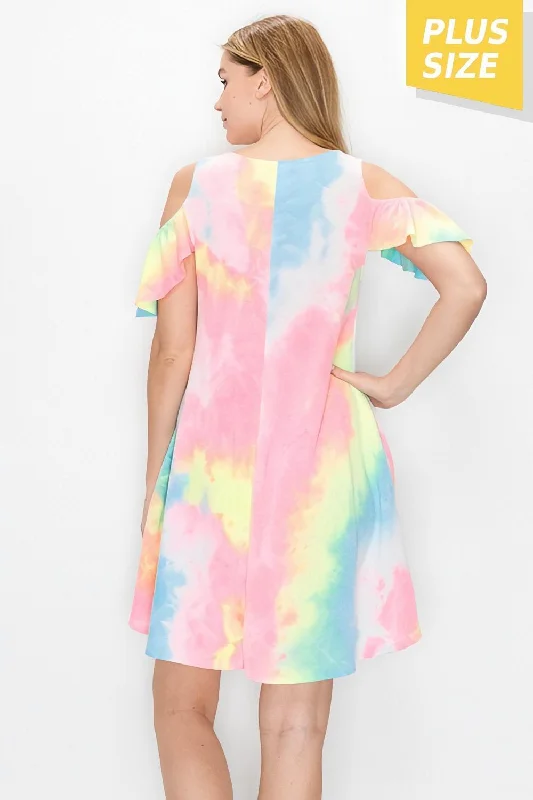 Tie Dye Cold Shoulder Knit Shift Dress in Plus