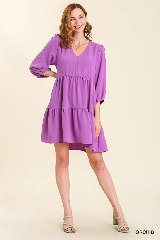 Tiered Babydoll Mini Dress with Quarter Length Sleeves by Umgee Clothing