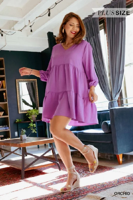 Tiered Babydoll Mini Dress with Quarter Length Sleeves in Plus Size by Umgee Clothing