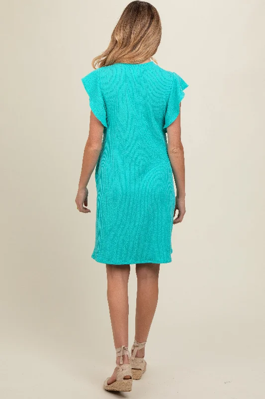 Turquoise Ribbed Ruffle Sleeve Maternity Dress