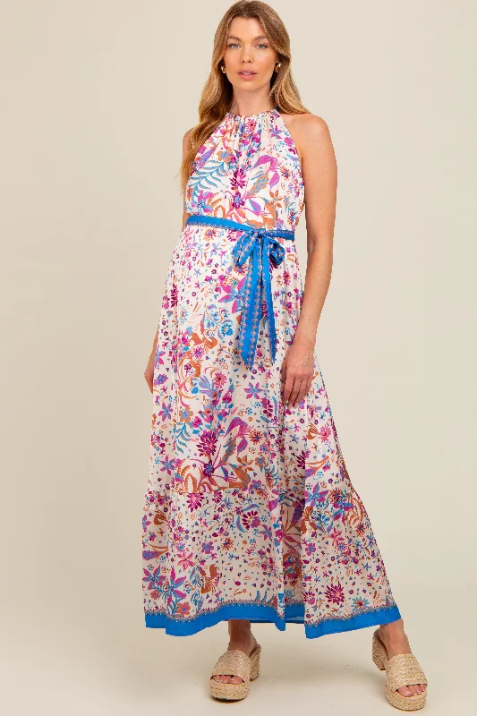 Violet Floral Halter Front Tie Maternity Maxi Dress