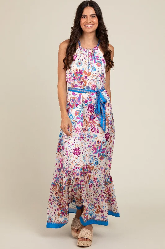 Violet Floral Halter Front Tie Maternity Maxi Dress