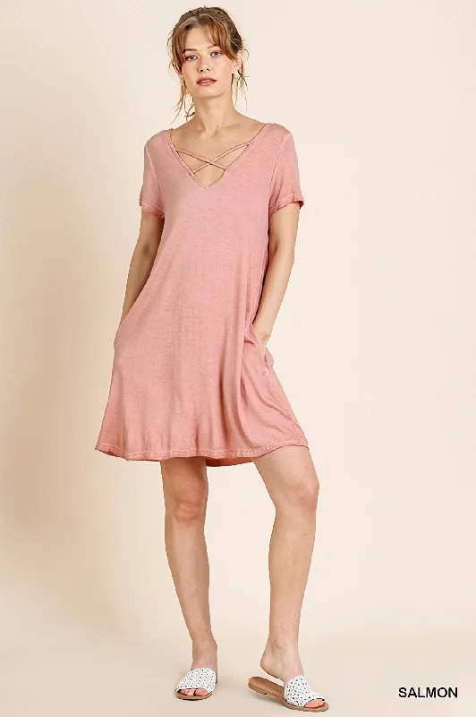 Washed Criss Cross V-Neck Pocket T-Shirt Dress by Umgee Clothing