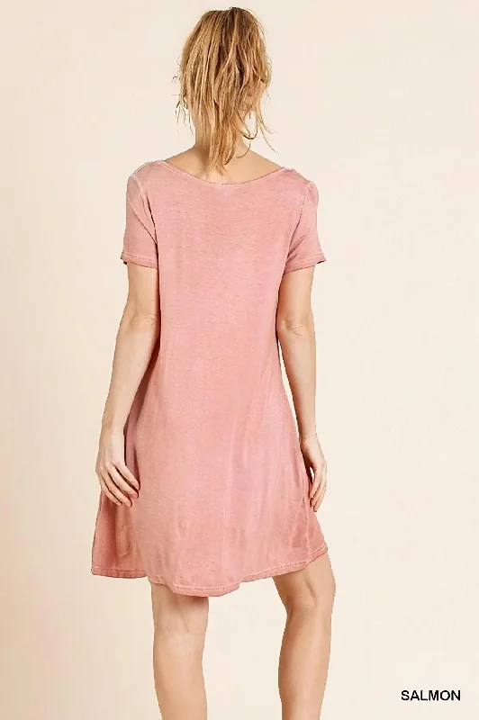 Washed Criss Cross V-Neck Pocket T-Shirt Dress by Umgee Clothing