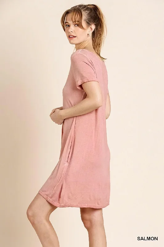 Washed Criss Cross V-Neck Pocket T-Shirt Dress by Umgee Clothing