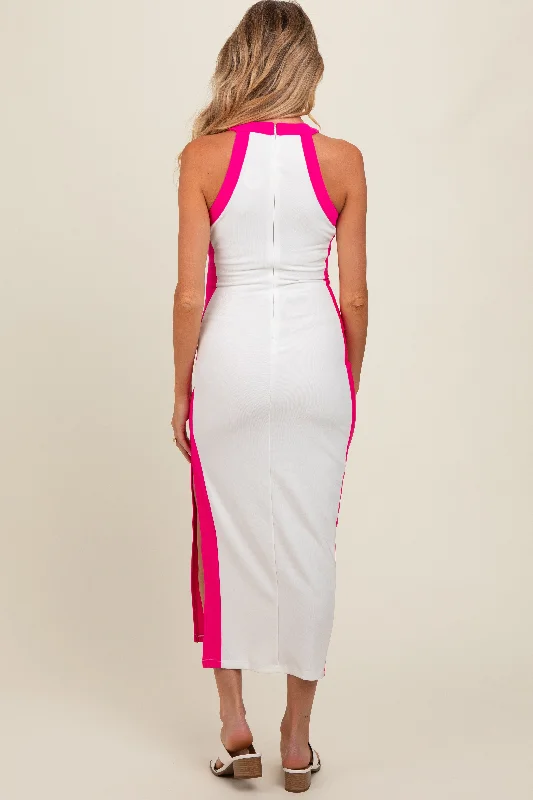 White Colorblock Trim Maternity Midi Dress