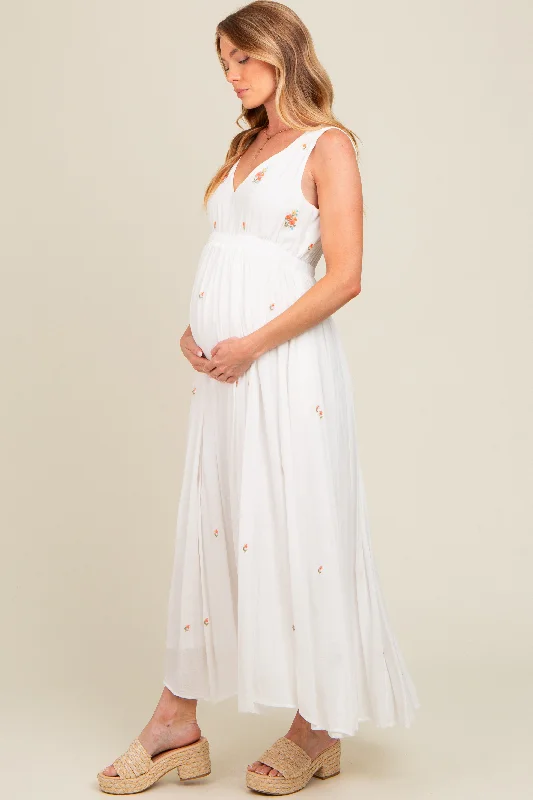 White Floral Embroidered Sleeveless Maternity Maxi Dress