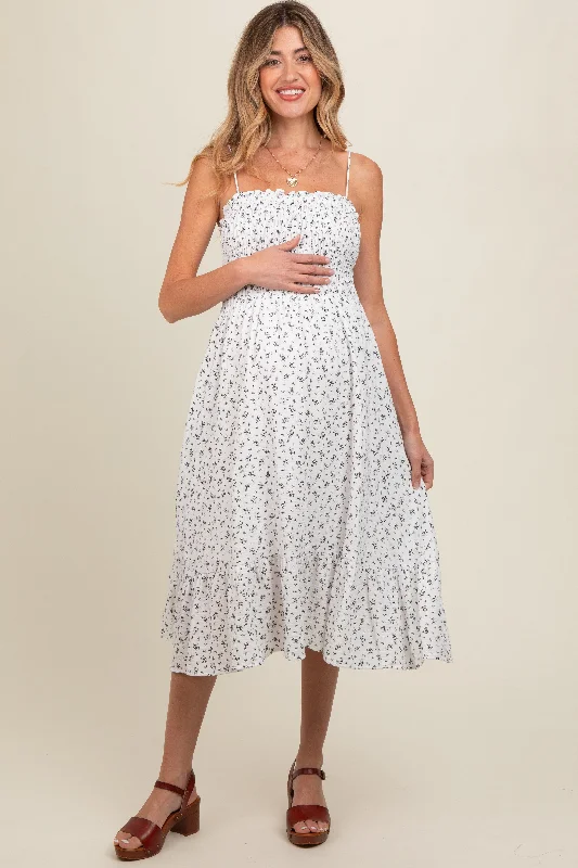 White Floral Smocked Sleeveless Maternity Midi Dress