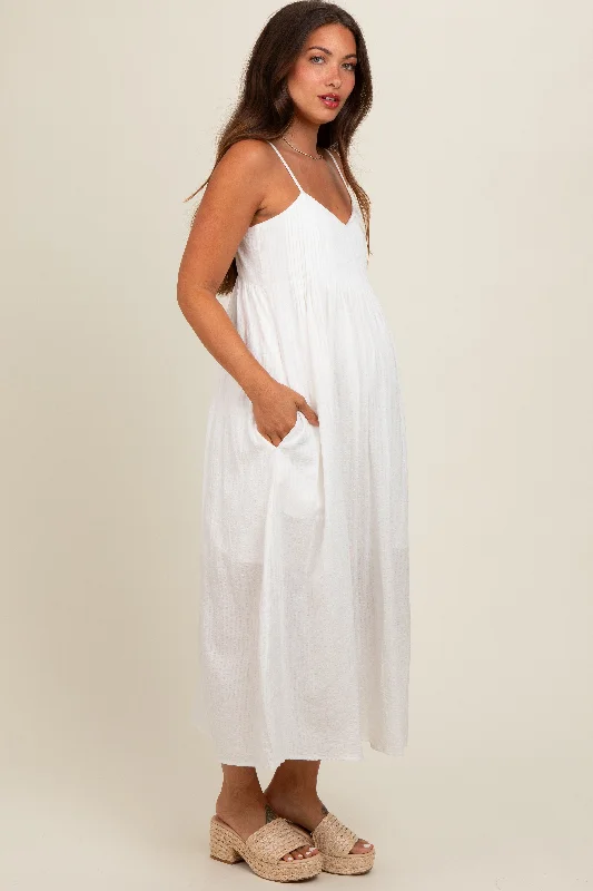 White Striped V-Neck Sleeveless Side Pocket Maternity Dress