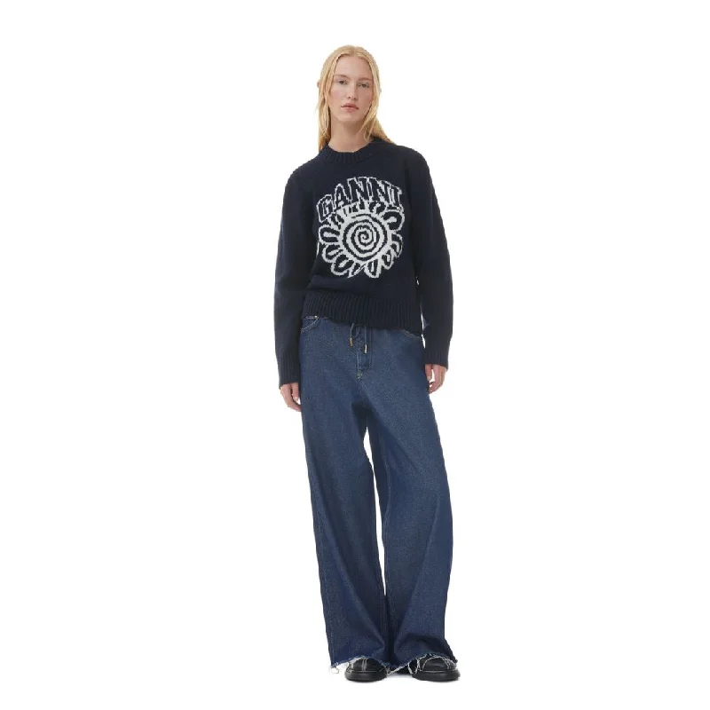 Blue Flower Graphic O-Neck Pullover (Sky Captain)