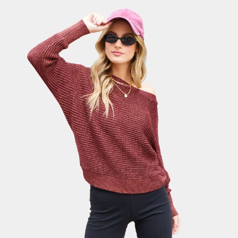 Metallic Thread Holiday Pullover Sweater (Merlot + Gold)