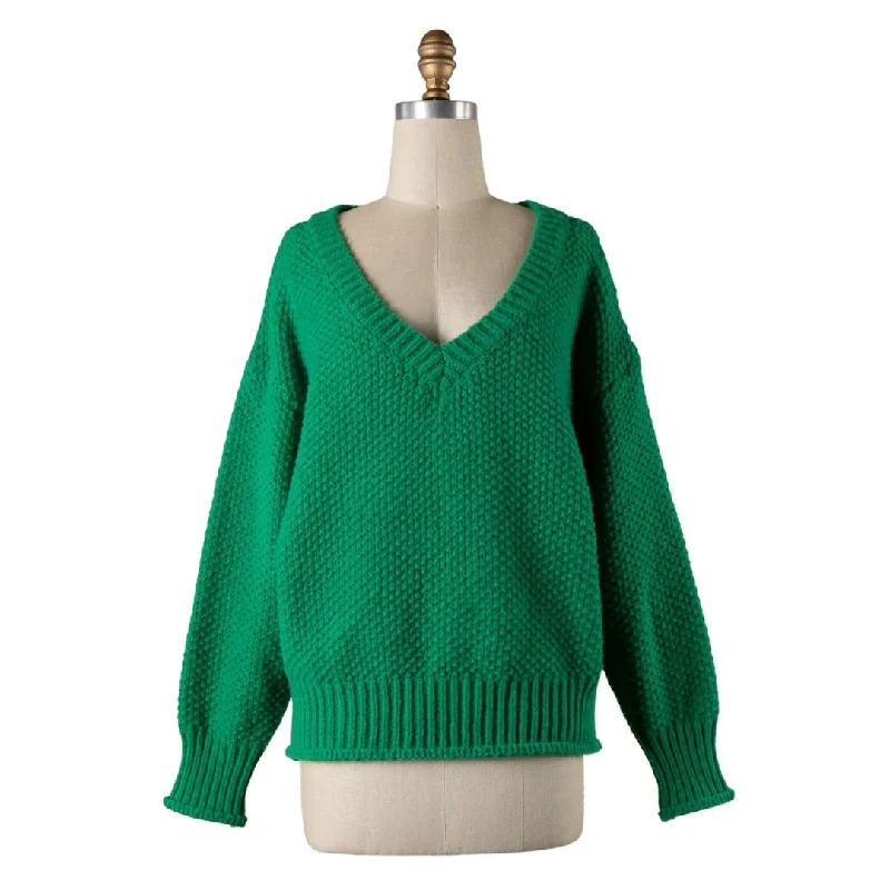 V-Neck Puff Sleeve Cable Knit Sweater (Green)