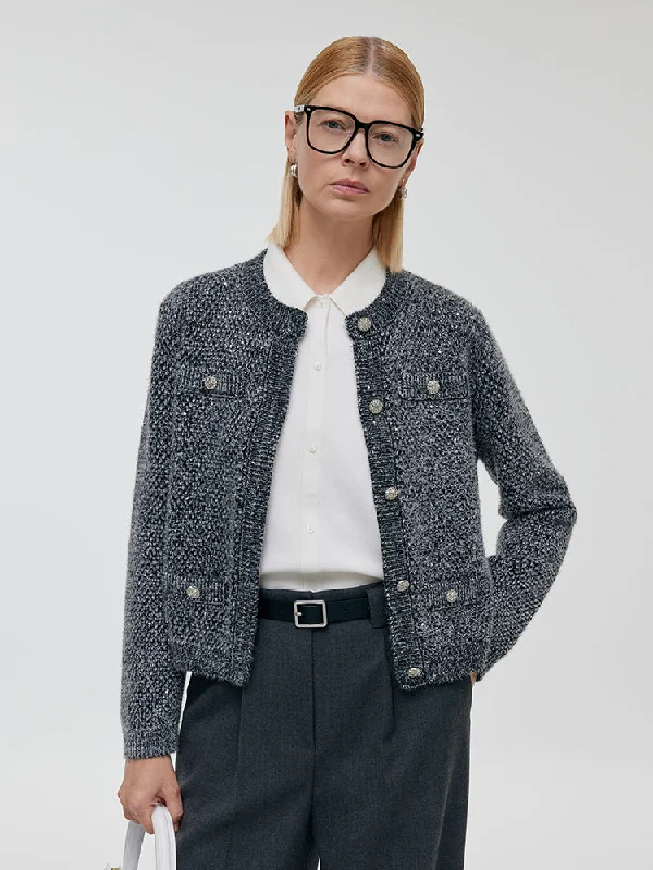 Wool Blend Sequins Tweed Women Cardigan